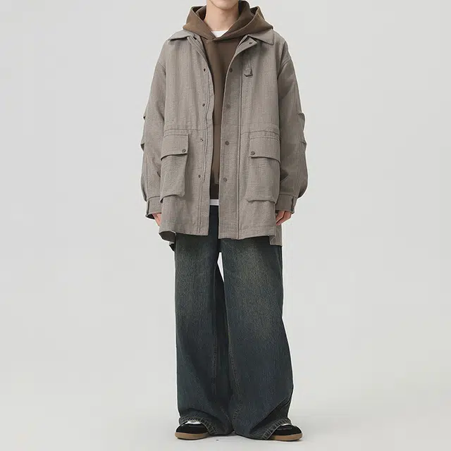 左岸 春秋季日系复古翻领中长款休闲宽松外套美式潮牌大衣风衣 男款