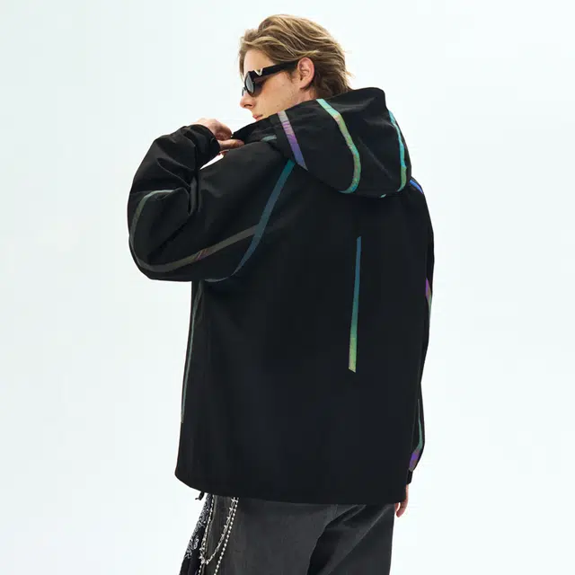 左岸 美式潮牌镭射七彩反光条开衫带帽工装上衣宽松休闲舒适山系户外防水防风冲锋外套夹克 男款