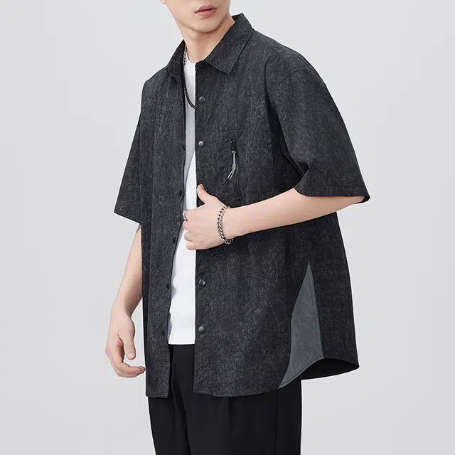 左岸 港风青少年感夏季透气短袖衬衣翻领拼色高级感休闲宽松潮牌半袖痞帅上衣衬衫 男款