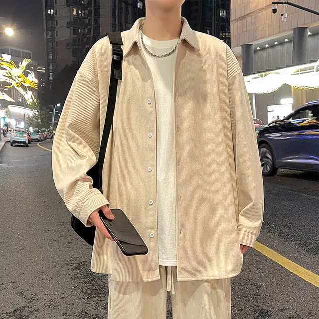 左岸 港风潮流简约百搭春秋上衣休闲宽松舒适透气纯色灯芯绒衬衣潮牌翻领开衫薄款外套衬衫 男款