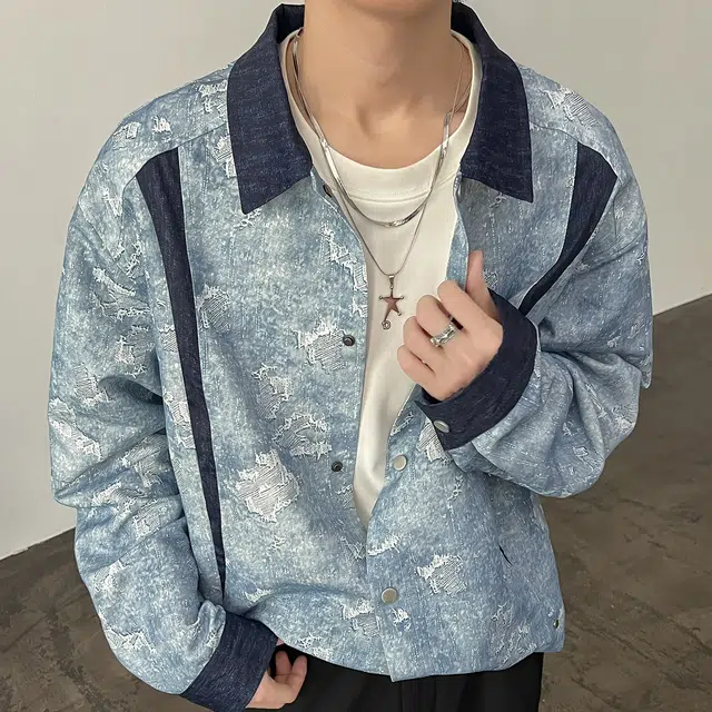 左岸 港风潮流百搭春秋开衫印花上衣休闲宽松舒适衬衣撞色拼接潮牌老钱风衬衫 男款