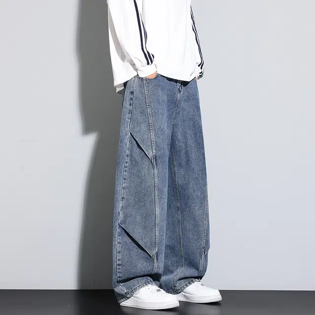 左岸 美式高街复古时尚潮流宽松加肥加大码舒适直筒显高显瘦长裤休闲阔腿裤设计感压褶牛仔裤 男款