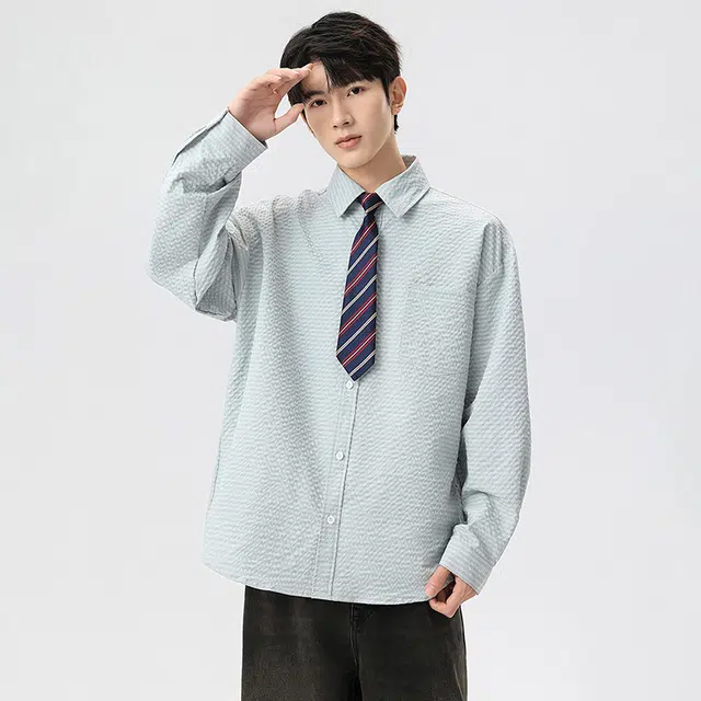 左岸 港风潮流百搭春秋翻领开衫纯色上衣休闲宽松舒适透气衬衣潮牌肌理感泡泡格子衬衫 男女同款