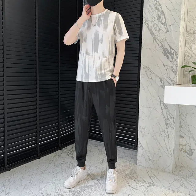左岸 美式宽松扎染潮流简约时尚高级感百搭短袖港风柔软长裤休闲运动套装 男款