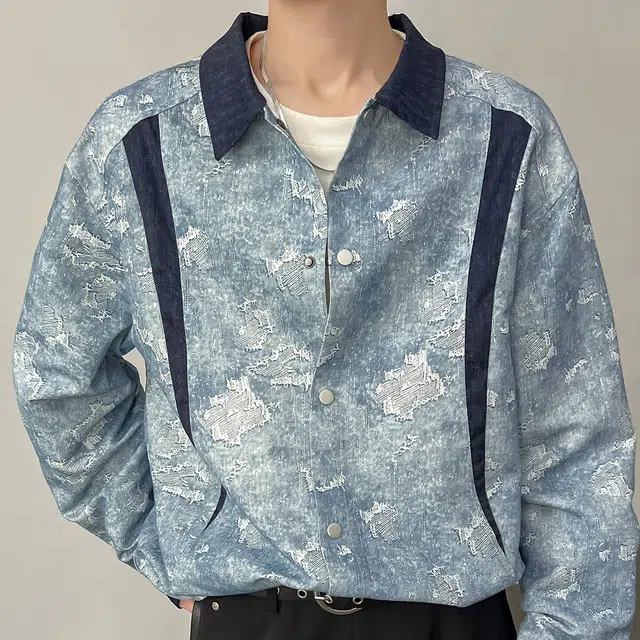 左岸 港风潮流百搭春秋开衫印花上衣休闲宽松舒适衬衣撞色拼接潮牌老钱风衬衫 男款