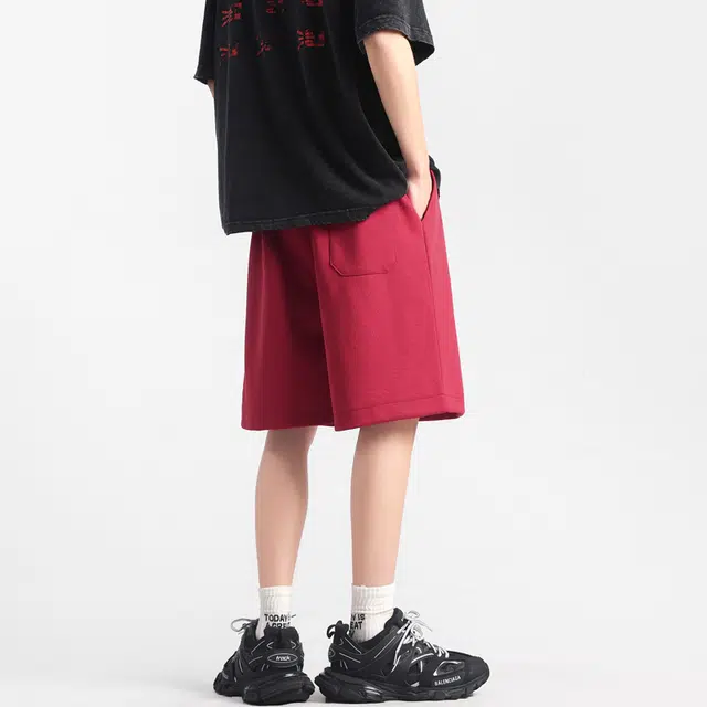 左岸 简约纯色编织抽绳运动五分裤男女潮牌街头宽松阔腿中裤卫裤休闲短裤 男款