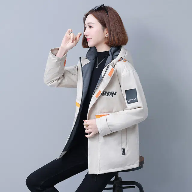 左岸 美式高街时尚潮流拼接设计字母印花韩系面包服棉衣防风抗寒保暖加厚机能工装外套运动休闲御寒厚实暖和棉袄炸街连帽派克棉服 女款