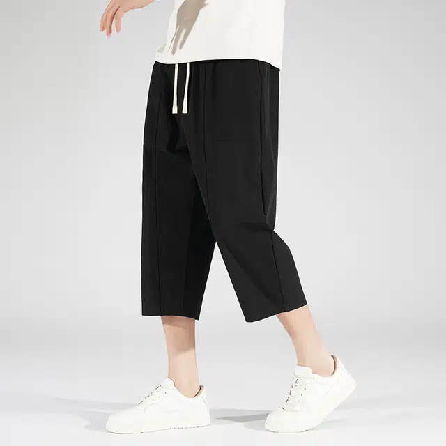 左岸 青少年学生速干运动裤子宽松大直筒纯色简约日系垂感柔软舒适七分裤显瘦空调裤休闲短裤 男款