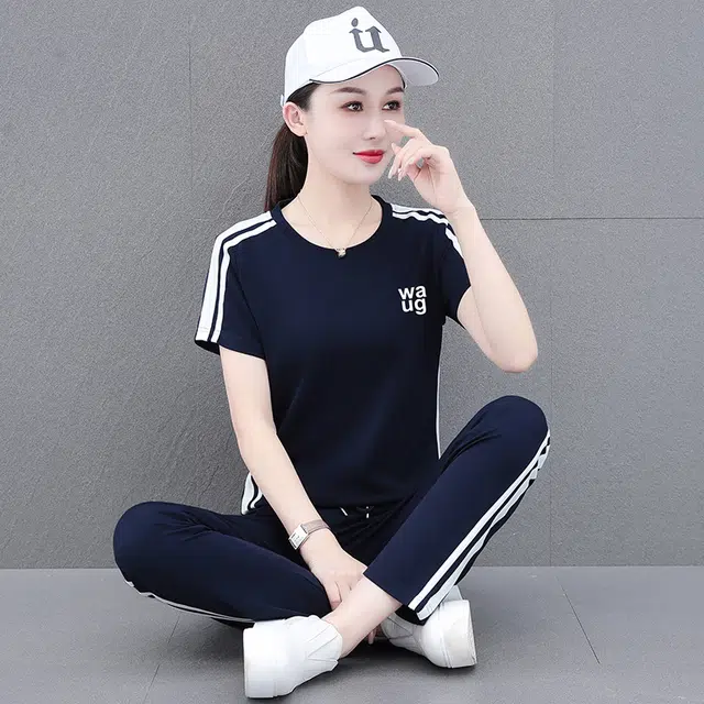 左岸 夏季简约时尚气质潮流活力纯色圆领日常通勤户外运动修身显瘦显高柔软亲肤舒适轻便短袖上衣直筒长裤两件套休闲套装 女款