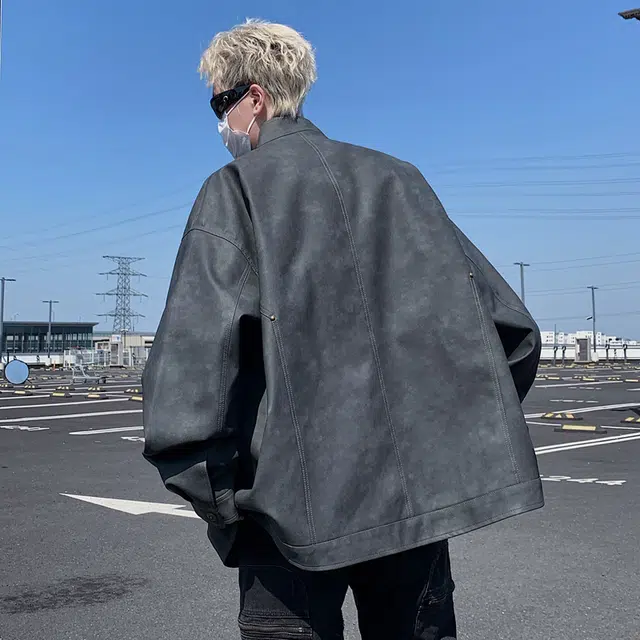 左岸 美式复古高街铆钉时尚潮牌百搭拉链开衫立领上衣休闲宽松舒适春秋季防风夹克外套皮衣 男款