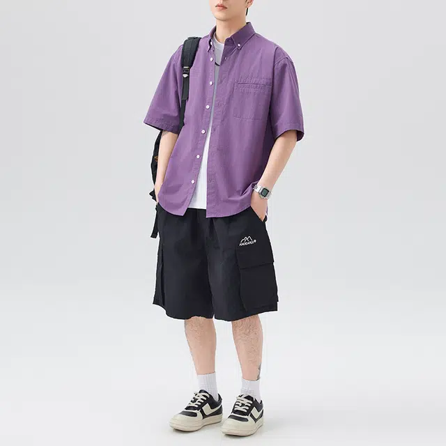 左岸 港风青少年感夏季纯棉透气短袖衬衣翻领纯色简约高级感休闲宽松潮牌半袖痞帅上衣衬衫 男款