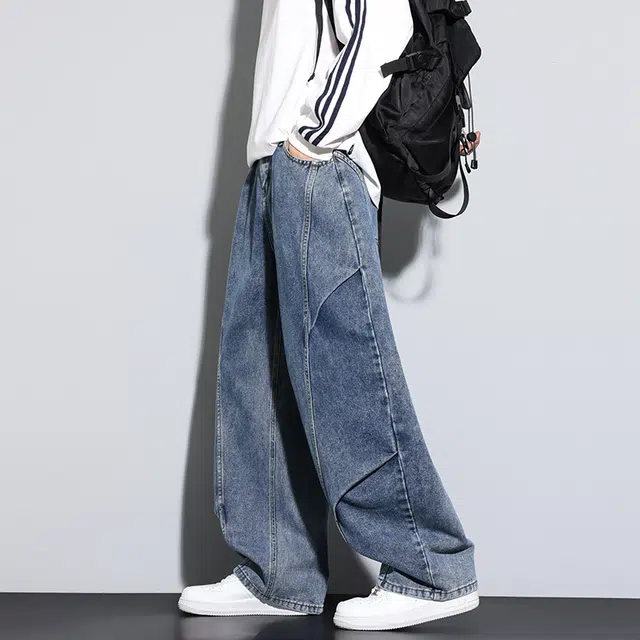 左岸 美式高街复古时尚潮流宽松加肥加大码舒适直筒显高显瘦长裤休闲阔腿裤设计感压褶牛仔裤 男款