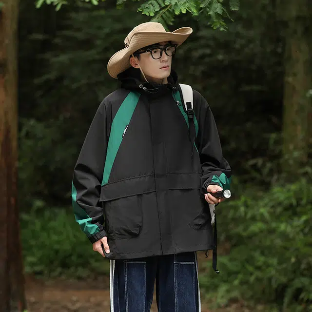 左岸 美式潮牌百搭撞色拼接带帽开衫上衣宽松休闲舒适山系户外防风工装风冲锋外套夹克 男款