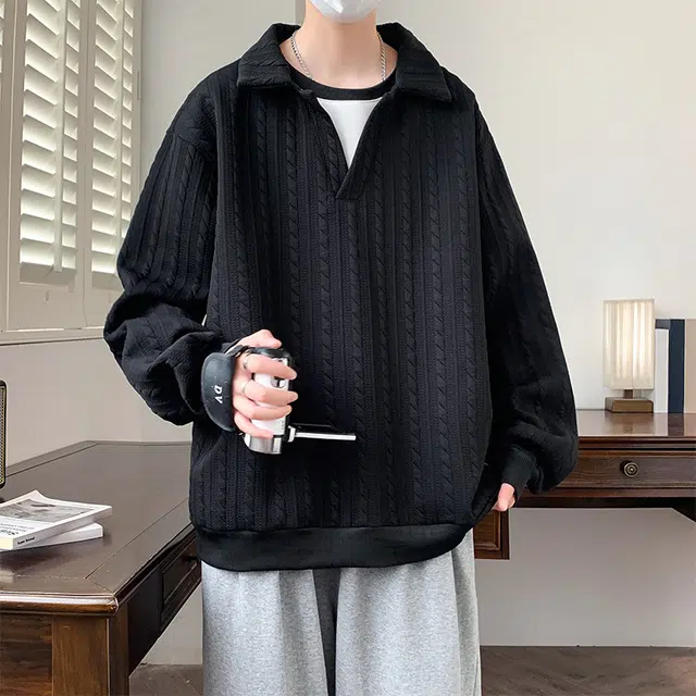 左岸 青少年港风时尚潮牌休闲宽松简约长袖翻领上衣百搭帅气穿搭舒适加肥加大码外衣提花肌理感春秋卫衣 男款