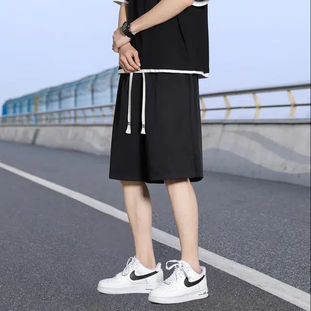 左岸 夏季港风潮流宽松纯色系带中裤薄款沙滩裤五分裤子休闲短裤 男款