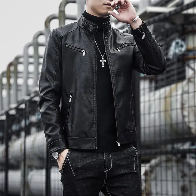 左岸 美式复古男士百搭纯色机车服气质加厚加绒外套设计立领保暖潮流休闲修身显高痞帅酷潮长袖上衣皮衣 男款