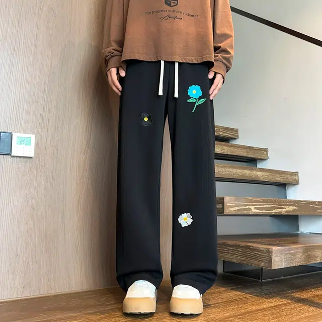 左岸 青少年港风时尚潮流百搭绣花宽松直筒卫裤长裤柔软舒适轻便透气阔腿裤春秋季休闲裤 男款