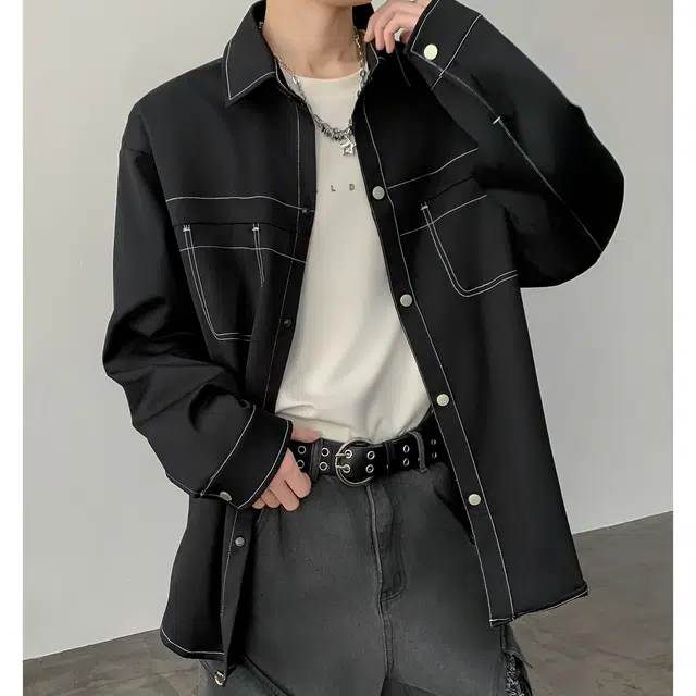 左岸 春秋港风时尚潮流百搭开衫上衣休闲宽松舒适衬衣设计感明线插色老钱风衬衫 男款