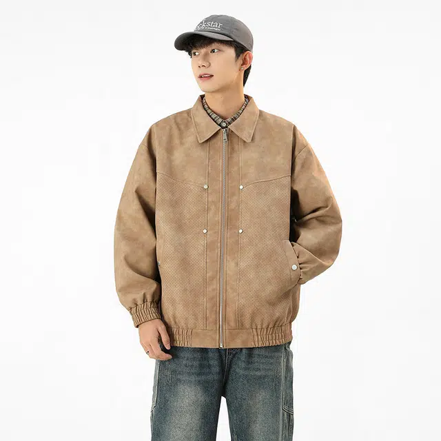 左岸 青少年美式时尚潮牌铆钉高街百搭开衫翻领上衣加肥加大码简约休闲宽松舒适春秋季夹克外套皮衣 男款