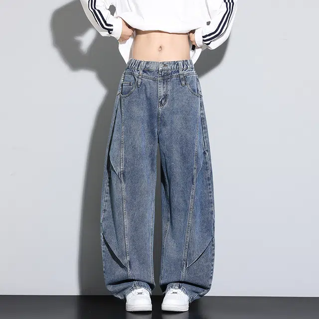 左岸 美式高街复古时尚潮流宽松加肥加大码舒适直筒显高显瘦长裤休闲阔腿裤设计感压褶牛仔裤 男款