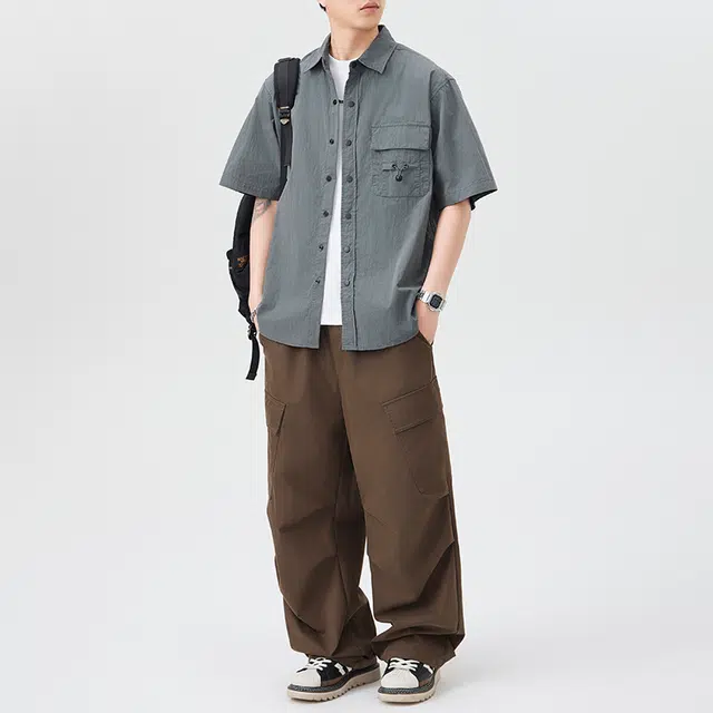 左岸 夏季港风青少年感透气短袖衬衣翻领高级感休闲宽松潮牌半袖上衣衬衫 男款