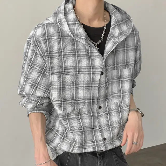左岸 港风潮流百搭春秋连帽格子开衫上衣休闲宽松舒适衬衣潮牌老钱风衬衫 男款
