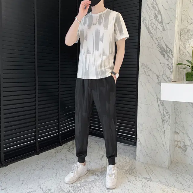 左岸 美式宽松扎染潮流简约时尚高级感百搭短袖港风柔软长裤休闲运动套装 男款