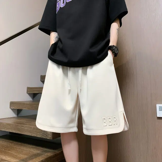 左岸 港风潮牌卫裤夏季薄款设计感字母印花简约宽松运动中裤百搭柔软舒适透气沙滩裤五分裤休闲短裤 男款