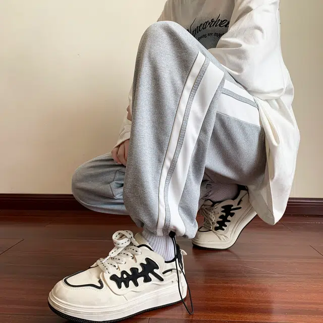 左岸 青少年港风帅气潮流拼接拼色卫裤宽松直筒裤柔软舒适透气垂感轻便抽绳裤脚长裤春秋休闲裤 男款