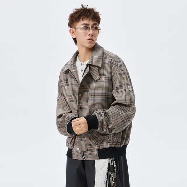 左岸 春秋季港风时尚潮牌条纹格子百搭开衫上衣加肥加大码休闲宽松舒适防风翻领外套夹克 男款