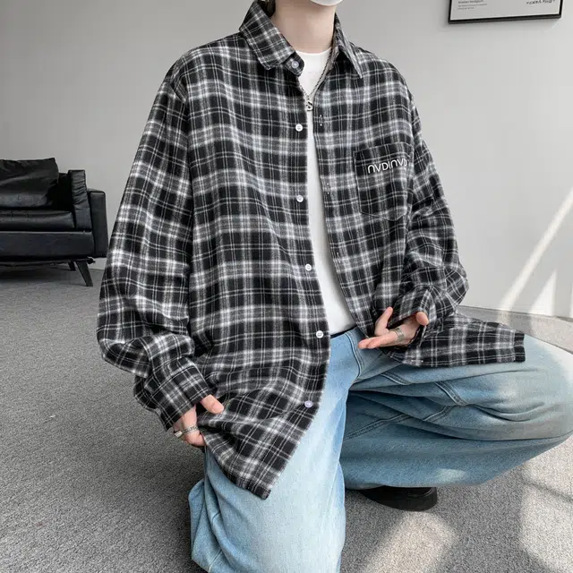 左岸 青少年学生港风潮流百搭春秋格子开衫上衣休闲宽松舒适磨毛衬衣潮牌衬衫 男款