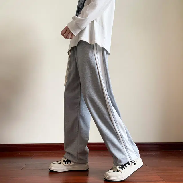 左岸 青少年港风帅气潮流拼接拼色卫裤宽松直筒裤柔软舒适透气垂感轻便抽绳裤脚长裤春秋休闲裤 男款