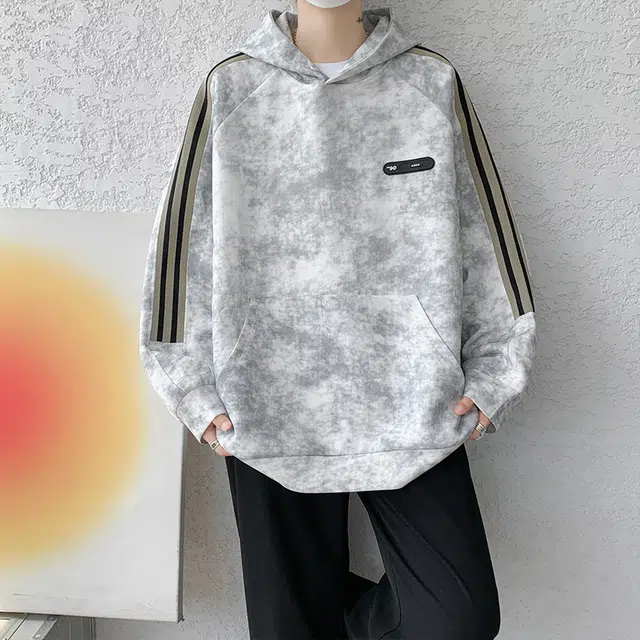左岸 侧边织带条纹扎染上衣男春秋季美式重磅连帽衫设计感大码脏脏外套卫衣 男款