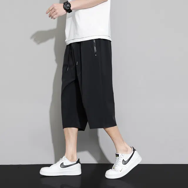 左岸 夏季薄款裤男冰感吸湿排汗透气七分裤子男直筒运动冰丝裤男士轻薄宽松速干裤男拉链裤纯色裤男休闲短裤 男款