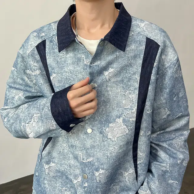 左岸 港风潮流百搭春秋开衫印花上衣休闲宽松舒适衬衣撞色拼接潮牌老钱风衬衫 男款