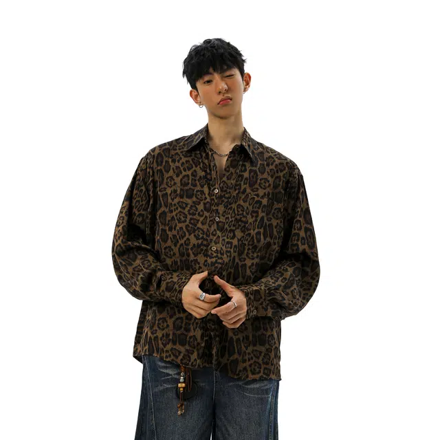 左岸 美式复古豹纹长袖上衣春秋季宽松休闲慵懒风小外套个性设计感衬衫 男女同款