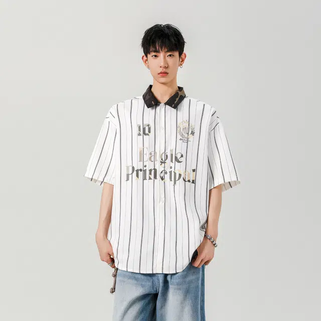 左岸 夏季青少年港风条纹字母印花潮牌慵懒风痞帅宽松休闲短袖上衣衬衫 男款