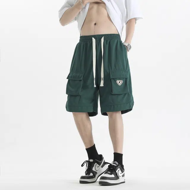 左岸 美式夏季轻薄款纯色宽松休闲直筒系带松紧腰中裤大口袋百搭五分裤工装短裤 男款