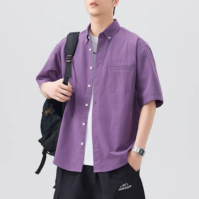 左岸 港风青少年感夏季纯棉透气短袖衬衣翻领纯色简约高级感休闲宽松潮牌半袖痞帅上衣衬衫 男款
