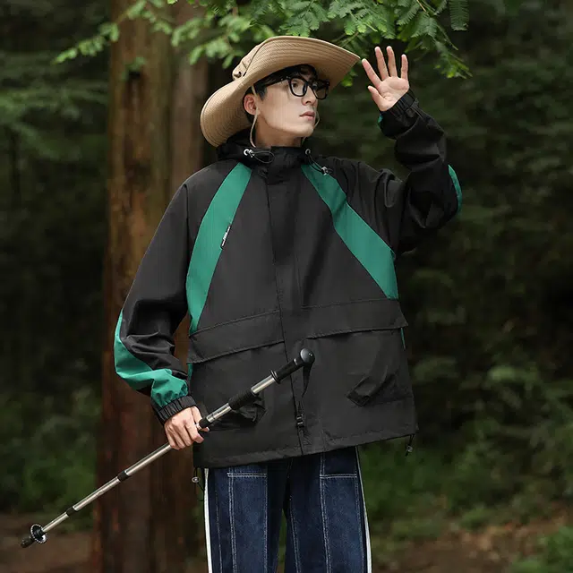 左岸 美式潮牌百搭撞色拼接带帽开衫上衣宽松休闲舒适山系户外防风工装风冲锋外套夹克 男款