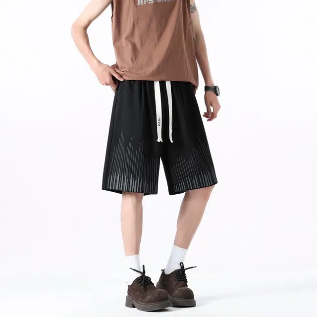 左岸 青少年港风潮牌夏季纯棉简约宽松加肥加大码运动中裤百搭柔软舒适透气五分裤休闲短裤 男款