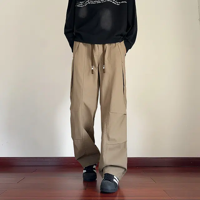 左岸 青少年美式复古高街铆钉褶皱潮流帅气长裤宽松直筒阔腿裤柔软舒适轻便春秋季休闲裤 男款