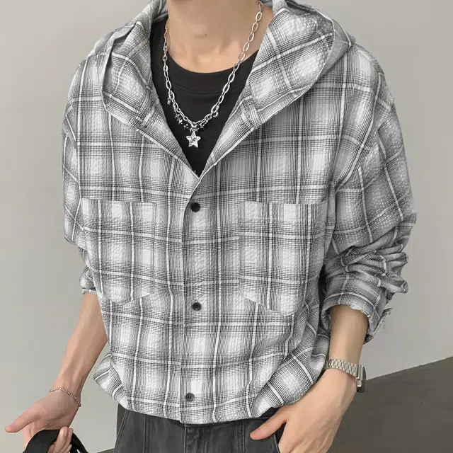 左岸 港风潮流百搭春秋连帽格子开衫上衣休闲宽松舒适衬衣潮牌老钱风衬衫 男款