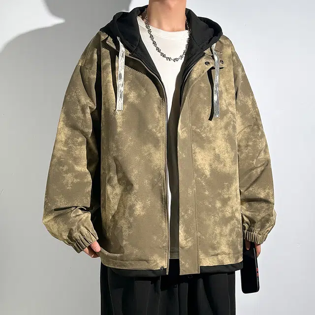 左岸 美式潮牌春秋季宽松休闲百搭带帽上衣脏脏印设计感拼色假两件夹克外套 男款