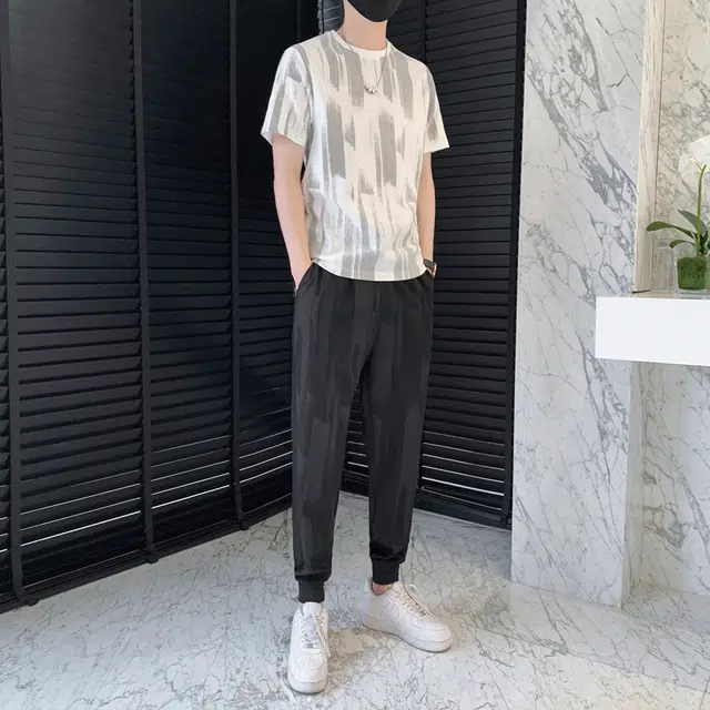 左岸 美式宽松扎染潮流简约时尚高级感百搭短袖港风柔软长裤休闲运动套装 男款
