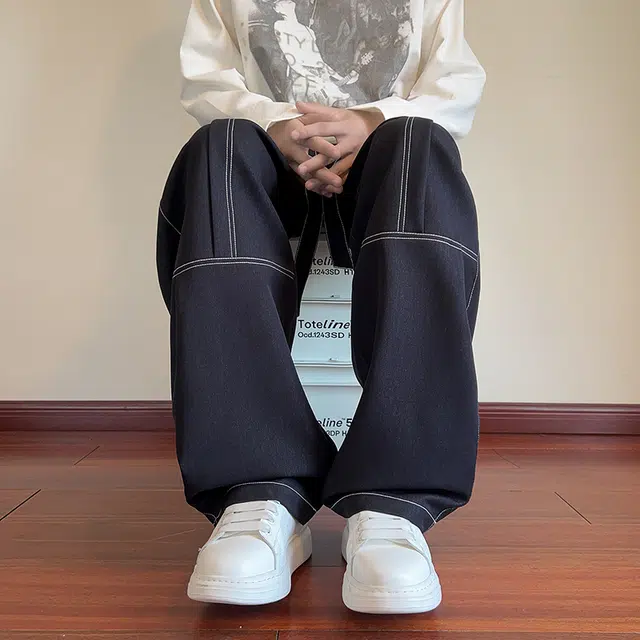 左岸 春秋季青少年港风潮流宽松加肥加大码直筒垂感长裤休闲显高显瘦阔腿裤牛仔裤 男款