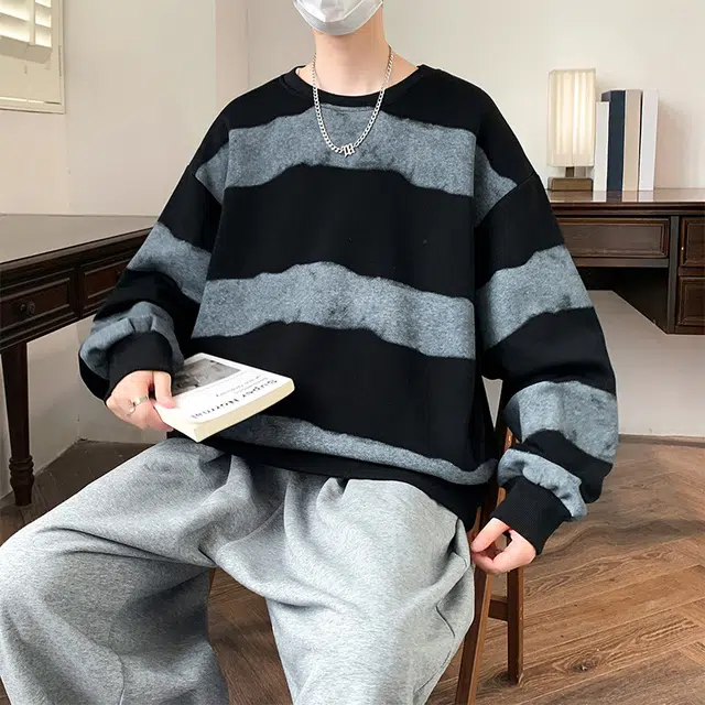 左岸 青少年时尚潮牌休闲宽松长袖圆领上衣百搭帅气穿搭舒适加肥加大码外衣设计感撞色条纹春秋卫衣 男款