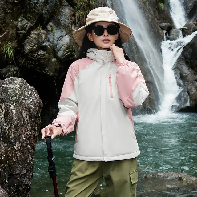 左岸 时尚拼色防风防水连帽可拆卸运动休闲徒步工装登山服简约户外机能恒温蓄热宽松舒适轻便百搭耐用石墨烯保暖加厚夹克外套棉服 女款