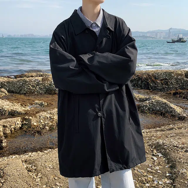 左岸  日系复古时尚潮流百搭纯色开衫翻领上衣休闲宽松舒适防风外套春秋季单排盘扣中长款风衣 男款