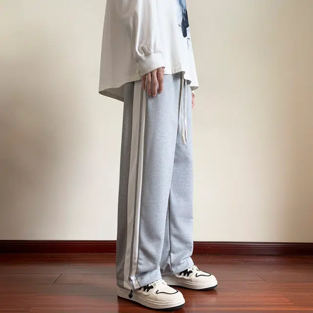 左岸 青少年港风帅气潮流拼接拼色卫裤宽松直筒裤柔软舒适透气垂感轻便抽绳裤脚长裤春秋休闲裤 男款